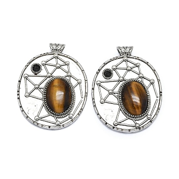 Natural Tiger Eye Oval Pendants, Rack Plating Antique Silver Plated Brass Pave Rhinestone Oval Charms, Cadmium Free & Lead Free, 45x35x8mm, Hole: 3.5mm