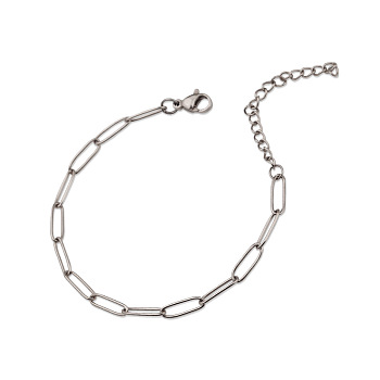 304 Stianless Steel Paperclip Chains, Drawn Elongated Cable Chains Bracelet Making, with Lobster Claw Clasps and Extension Chain, Stainless Steel Color, 7-7/8 inch(20cm)
