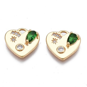 Brass Micro Pave Cubic Zirconia Charms, Nickel Free, Real 18K Gold Plated, Heart, Green, 12x12x3mm, Hole: 1.5mm