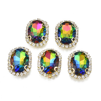 Sew on Rhinestone, Transparent  Glass Rhinestone, with Brass Prong Settings, AB Color Plated, Faceted, Oval, 22x17x7mm, Hole: 0.9mm