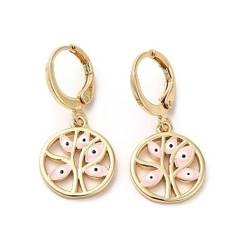 Tree with Evil Eye Real 18K Gold Plated Brass Dangle Leverback Earrings, with Enamel, Pink, 28.5x13.5mm