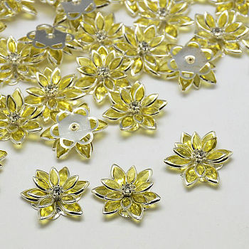 Acrylic Rhinestone Flower Flat Back Cabochons, with Brass Findings, Light Yellow, 24x7mm