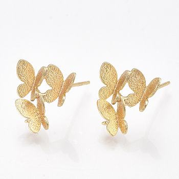 Brass Stud Earring Findings, with Loop, Butterfly, Real 18K Gold Plated, 13.5x12mm, Hole: 1mm, Pin: 0.8mm