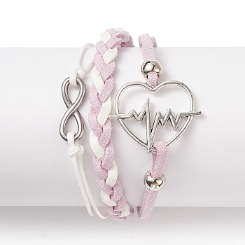 Alloy Heart Beat & 304 Stainless Steel Infinity Links Multi-strand Bracelet, Faux Suede Braided Tripel Layer Bracelet for Women, Thistle, 7-1/4 inch(18.3cm)