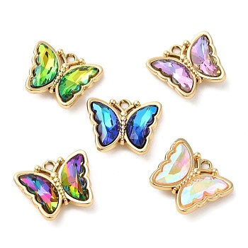 Glass Pendants, with Alloy Findings, Butterfly, Golden, 19.5x23x5mm, Hole: 2mm