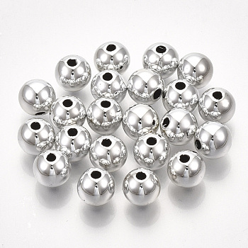 UV Plating ABS Plastic Beads, Round, Platinum Plated, 13.5~14x13mm, Hole: 2.5mm