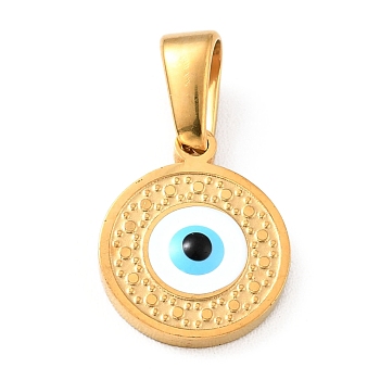 Vacuum Plating 304 Stainless Steel Charms with Enamel, Flat Round with Evil Eye, Golden, 12x10x2mm, Hole: 4.5x2.5mm