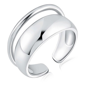 Rhodium Plated 925 Sterling Silver Double Layered Open Cuff Ring for Women, Platinum, US Size 6 1/2(16.9mm)