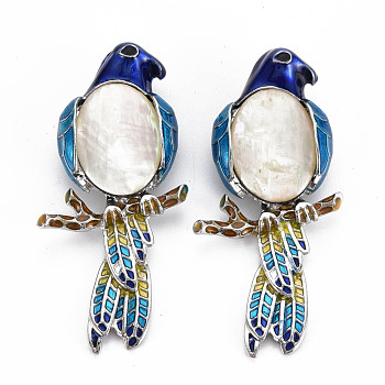 Natural White Shell Eagle Brooch with Enamel, Alloy Lapel Pin with Loop for Backpack Clothes Pendant Jewelry, Cadmium Free & Lead Free, Blue, Floral White, 68.5x31x12mm, Hole: 5.5x7mm, Pin: 0.7mm