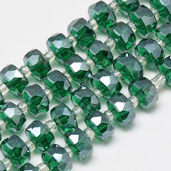 Electroplate Glass Beads Strands, Rainbow Plated, Faceted, Flat Round, Sea Green, 7~8x5mm, Hole: 1mm, about 80pcs/strand, 21.26 inch