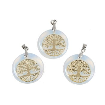 Opalite Flat Round Pendants, Tree of Life Charms with Rack Plating Platinum Tone Brass Snap on Bails, Cadmium Free & Lead Free, 30.5~32x25~25.5x6.5~7.5mm, Hole: 4.5x3.5mm