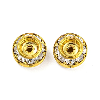 Brass Rhinestone Beads, Flat Round, Golden, 9x5mm, Hole: 1.5mm