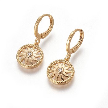Brass Dangle Hoop Earrings, with Micro Pave Cubic Zirconia, Flat Round with Sun, Golden, 27mm, Pin: 1mm
