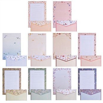 10 Sets 10 Colors Paper Envelopes & Letter Papers, Floral Pattern, Rectangle, Mixed Color, 8.7~21x14.3~16.5x0.01~0.03cm, 9pcs/set, 1set/color