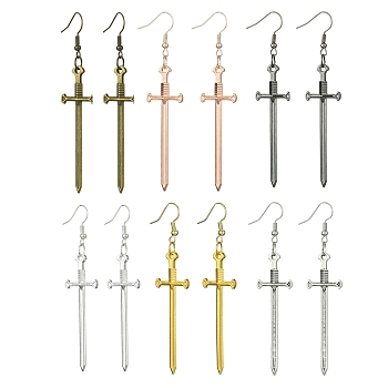 6 Pair 6 Color Alloy Long Dangle Earrings, Sword, Mixed Color, 72x16mm, 1 Pair/color