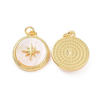 Brass Shell Pendants, with Jump Ring, Flat Round with Star Charms, Real 18K Gold Plated, 16.5x14.5x3.5mm, Jump Ring: 4x0.8mm, Inner Diameter: 2.6mm