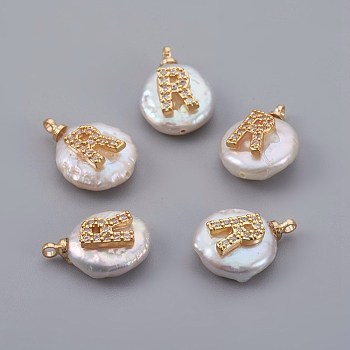 Natural Cultured Freshwater Pearl Pendants, with Micro Pave Cubic Zirconia, Brass Findings, Long-Lasting Plated, Letter, Real 18K Gold Plated, Letter.R, 14~28x9~16x5~9mm, Hole: 1.5mm