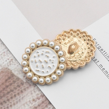 Alloy Enamel Shank Buttons, with Plastic Imitation Pearls, for Garment Accessories, White, 23mm