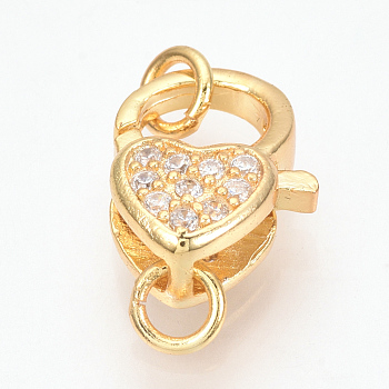 Brass Micro Pave Cubic Zirconia Lobster Claw Clasps, with Jump Rings, Heart, Golden, 14x11x6mm, Hole: 3mm