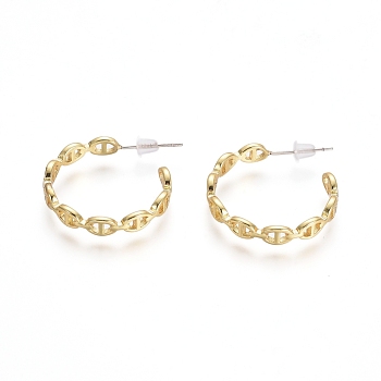 Semicircular Brass Stud Earrings, Half Hoop Earrings, with 925 Sterling Silver Pin and Plastic Ear Nuts, Long-Lasting Plated, Oval, Golden, 23.5x3.5mm, Pin: 0.7mm
