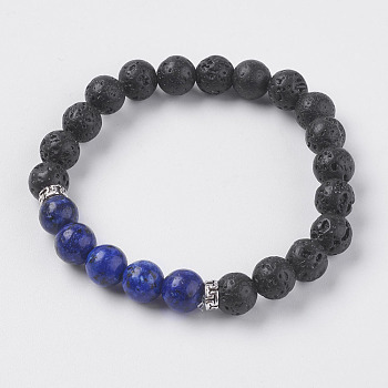 Natural Lava Rock and Natural Lapis Lazuli Beads Stretch Bracelets, with Alloy Finding, 2 inch(52mm)