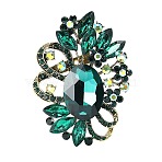 Flower with Oval Golden Alloy Rhinestone Brooches for Backpack Clothes, Emerald, 71x51mm(PW-WG4AA4A-03)