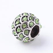 Alloy Rhinestone European Beads, Large Hole Beads, Rondelle, Antique Silver, Peridot, 10~11x8.5mm, Hole: 4.5mm(MPDL-S047-07)