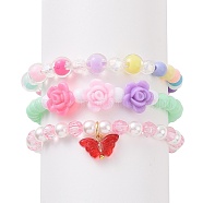 3Pcs 3 Style Acrylic Flower & Imitation Pearl Beaded Stretch Bracelets Set, Glass Butterfly Charms Stackable Bracelets for Kids, Mixed Color, Inner Diameter: 1-7/8 inch(4.8cm), 1Pc/style(BJEW-JB09105)