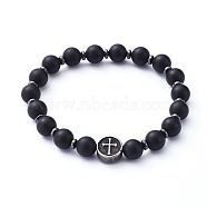 Natural Black Agate Beads Stretch Bracelets, with Non-Magnetic Synthetic Hematite Beads and Flat Round with Cross 304 Stainless Steel Beads, Stainless Steel Color, Inner Diameter: 1-7/8 inch(4.9cm)(X-BJEW-JB05233)