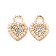 Alloy Rhinestone Pendants, with ABS Plastic Imitation Pearl Beads, Golden Tone Heart Charms, Crystal, 18x14x3mm, Hole: 4x4mm(ALRI-K048-03B)