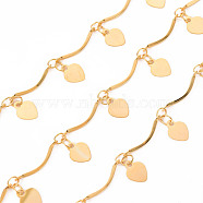 Handmade Brass Bar Scalloped Bar Chain, Soldered, with Spool, Heart Charms, Real 18K Gold Plated, 15.5x1.5x2.5mm and 3.8x2.5x0.3mm, about 16.4 Feet(5m)/roll(CHC-S012-094)