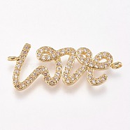 Brass Micro Pave Cubic Zirconia Links, Love, Clear, Golden, 27.5x11.5x2mm, Hole: 1mm(ZIRC-A009-45G)
