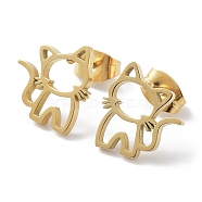 304 Stainless Steel Stud Earrings, Hollow Cat, Golden, 12x11mm(EJEW-H136-09G)