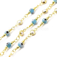 Handmade Brass Glass Link Chain, Soldered, with Spool, Flat Round with Evil Eye, Cadmium Free & Lead Free, Real 18K Gold Plated, Flat Round: 10x4.5x2mm, Round: 2.5mm and 4.5mm(CHC-I045-25G)