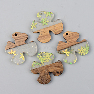 Transparent Resin & Walnut Wood Pendants, with Glitter Sequins/Paillette, Flower with Snowflake, Green Yellow, 28x28x3mm, Hole: 2mm(RESI-S389-052B-D01)