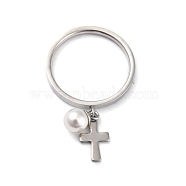 Dual-use Items, 304 Stainless Steel Finger Rings or Pendants, with Plastic Round Beads, Cross, White, Stainless Steel Color, US Size 7(17.3mm)(RJEW-O045-17C-P)
