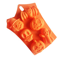 Halloween Theme Silicone Molds, Cake Pan Molds for Baking, Biscuit, Chocolate, Soap Mold, Pumpkin & Ghost & Bat & Skull, Orange, 238x170x33mm(SOAP-PW0001-128)