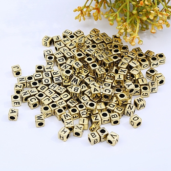 Gold Acrylic Enamel Beads, Plated Beads, Cube with Black Letter A~Z, Gold, 7x7x7mm, Hole: 3.8mm, 1520pcs/380g