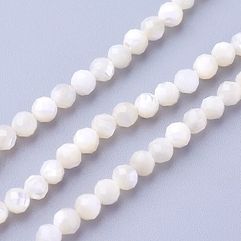 Shell Beads Strands, Faceted, Round, 3~3.5mm, Hole: 0.5mm, about 115~130pcs/strand, 14.5~16.1 inch(37~41cm)