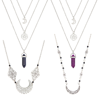 8Pcs 8 Styles Natural Amethyst & Synthetic Blue Goldstone Pendant Necklaces Set with Alloy Chains, Moon & Star & Double Horn, 460~677mm, 1Pc/style