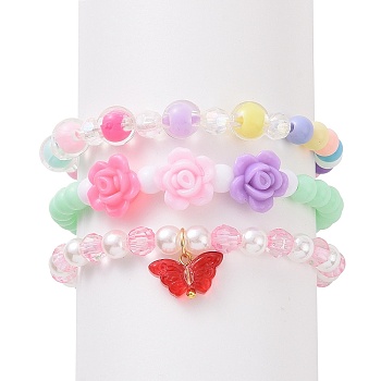 3Pcs 3 Style Acrylic Flower & Imitation Pearl Beaded Stretch Bracelets Set, Glass Butterfly Charms Stackable Bracelets for Kids, Mixed Color, Inner Diameter: 1-7/8 inch(4.8cm), 1Pc/style