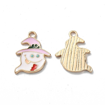 Halloween Rack Plating Alloy Enamel Pendants, Light Gold, Ghost with Hat Charm, White, 21.5x17x1.5mm, Hole: 2mm
