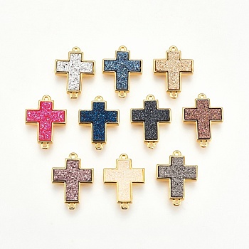 Brass Links connectors, with Druzy Resin, Cross, Golden, Mixed Color, 22x16x4~5mm, Hole: 1.2mm