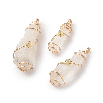 Natural Quartz Crystal Copper Wire Wrapped Pendants, Nuggets Charm, Golden, 24~44x8~15x5~15.5mm, Hole: 2.5~4mm