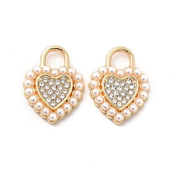 Alloy Rhinestone Pendants, with ABS Plastic Imitation Pearl Beads, Golden Tone Heart Charms, Crystal, 18x14x3mm, Hole: 4x4mm