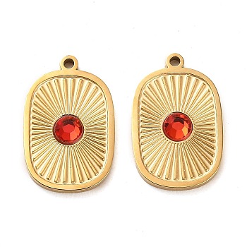 304 Stainless Steel Pendants, with Red Glass, Rectangle Charms, Real 14K Gold Plated, 18x11.5x2.5mm, Hole: 1.2mm