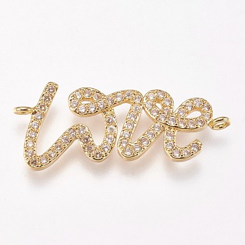 Brass Micro Pave Cubic Zirconia Links, Love, Clear, Golden, 27.5x11.5x2mm, Hole: 1mm