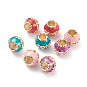 Brass Enamel European Beads, Large Hole Beads, Long-lasting Plated, with Micro Pave Clear Cubic Zirconia, Column, Real 18K Gold Plated, Mixed Color, 10.5x9.5mm, Hole: 4.5mm