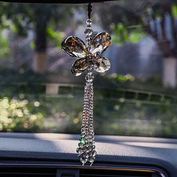 Glass Butterfly Pendant Decorations, Tassel for Car Rearview Mirror Hanging Ornament, Gray, 290mm