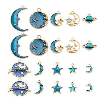 80Pcs 10 Style Celestial Alloy Enamel Pendants, Starry Sky Theme, Flat Round & Star & Moon & Planet & Cat, Light Gold, Blue, 8pcs/style